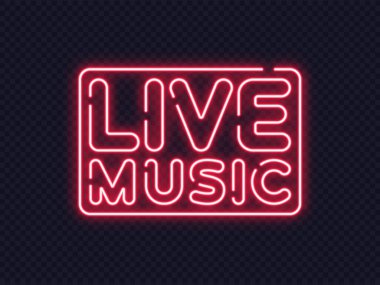 Koyu şeffaf bir arkaplanda canlı müzik ile parlayan neon bir afiş. Gece hayatı, konserler ya da bar etkinlikleri için parlak bir işaret. Vektör illüstrasyonu