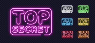 Gizli ya da gizemli temalar için ideal, parlayan tonlarda TOP SECRET ifadesiyle neon seti. Vektör illüstrasyonu