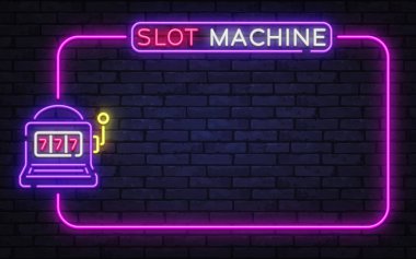Parlak neon vektör çerçeve, slot makinesi simgesi ve parlayan büyük ikramiye stili elementlerle. Kumarhane afişleri, kumar reklamları ve retro gece hayatı tasarımları için ideal. Vektör illüstrasyonu