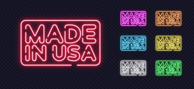 Neon Made in USA harfleri altı stil, ürün etiketleri, markalaşma ve vatansever tasarımlar için harika. Vektör illüstrasyonu