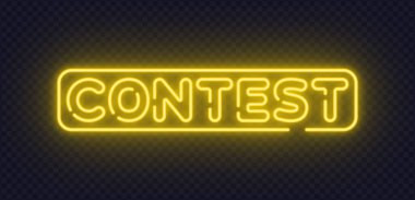 Parlak çerçevede yarışma sözcüğünü içeren sarı neon vektör işareti. Enerji tasarımı yarışmalar ve pazarlama etkinlikleri için heyecan yaratır. Pankartlar ve reklam grafikleri için harika. Vektör