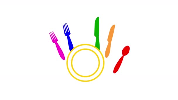 餐厅广告卡通小刀 勺子和盘子组成的挥手手掌 — 图库视频影像