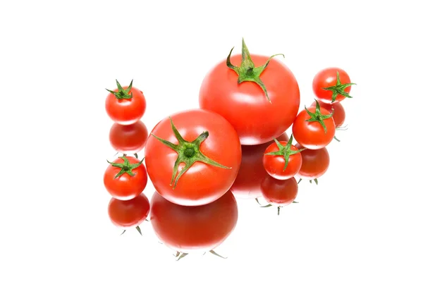 Tomates maduros sobre fondo blanco con reflejo —  Fotos de Stock