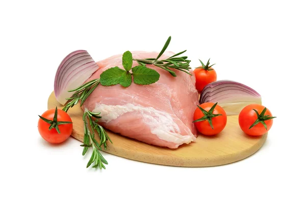 Piece of meat, tomato, onion and rosemary on a white background — Stock Photo, Image