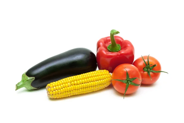 Tomate, milho, berinjela e pimenta close-up — Fotografia de Stock