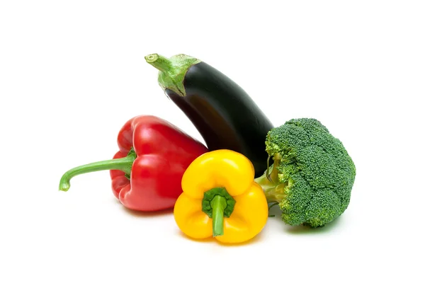 Sweet peppers, eggplant and broccoli isolated on white backgroun — Stock Photo, Image