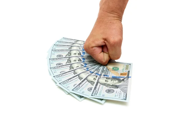 Mano dell'uomo e dollari su uno sfondo bianco — Foto Stock