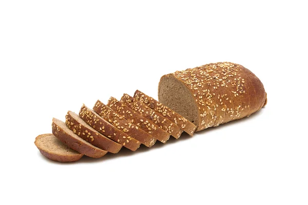 Loaf of bread cut into pieces on a white background — Stock Photo, Image