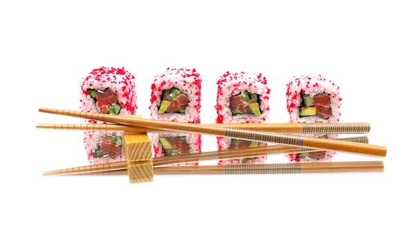 Japanese rolls and chopsticks on mirror surface — Stock Photo, Image