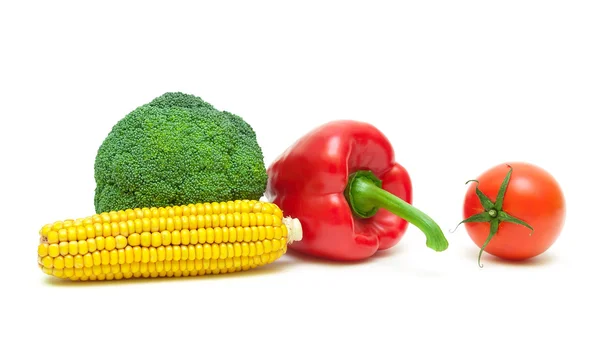 Corn on the cob, broccoli, cherry tomatoes and sweet peppers iso — Stock Photo, Image