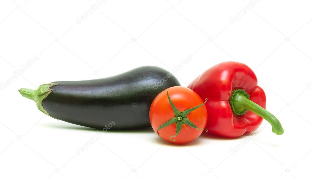 tomato, sweet peppers and eggplant isolated on white background 