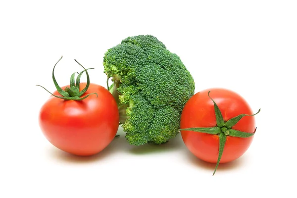 Two ripe tomatoes and broccoli isolated on white background — Stock Photo, Image