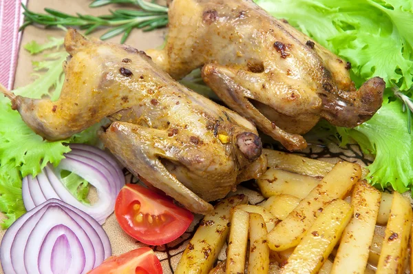 Roasted carcass woodcock with potatoes and vegetables on a plate — Stock Photo, Image