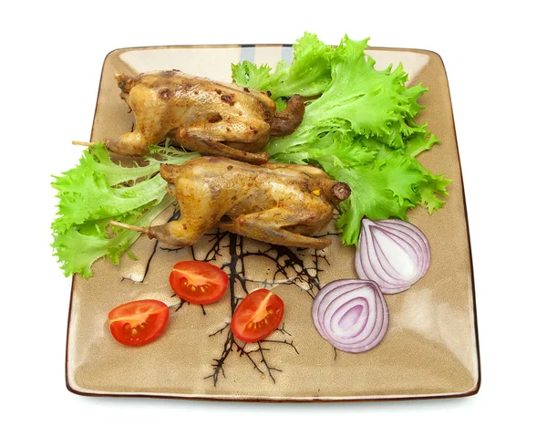 Woodcocks fried with vegetables on a plate. white background. — Stock Photo, Image