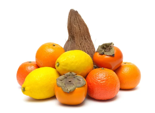 Tangerine, coconut, persimmon and lemon isolated on a white back — Stock Photo, Image