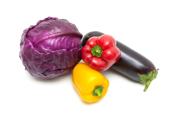 Bell peppers, red cabbage and eggplant isolated on white backgro — Stock Photo, Image