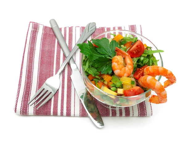 Vegetable salad with shrimps isolated on white background — Stock Photo, Image