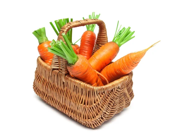 Cesta con zanahorias maduras aisladas sobre fondo blanco — Foto de Stock