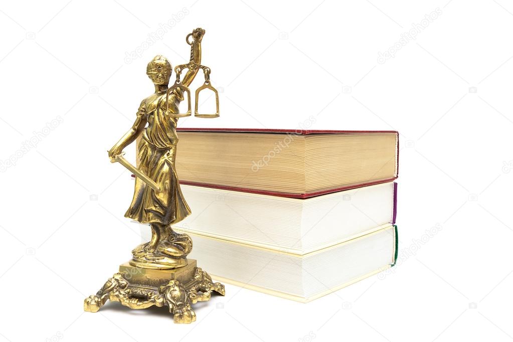 bronze statue of justice and books on white background