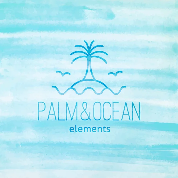 Logo con palma, gaviotas, isla y olas — Vector de stock