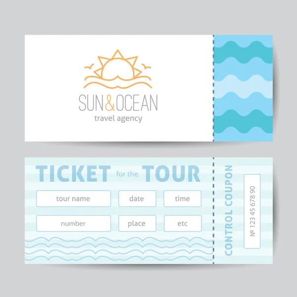 Ticket sjabloon met zon en golven logo — Stockvector