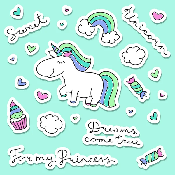 Unicornio con arco iris, nubes y dulces — Vector de stock