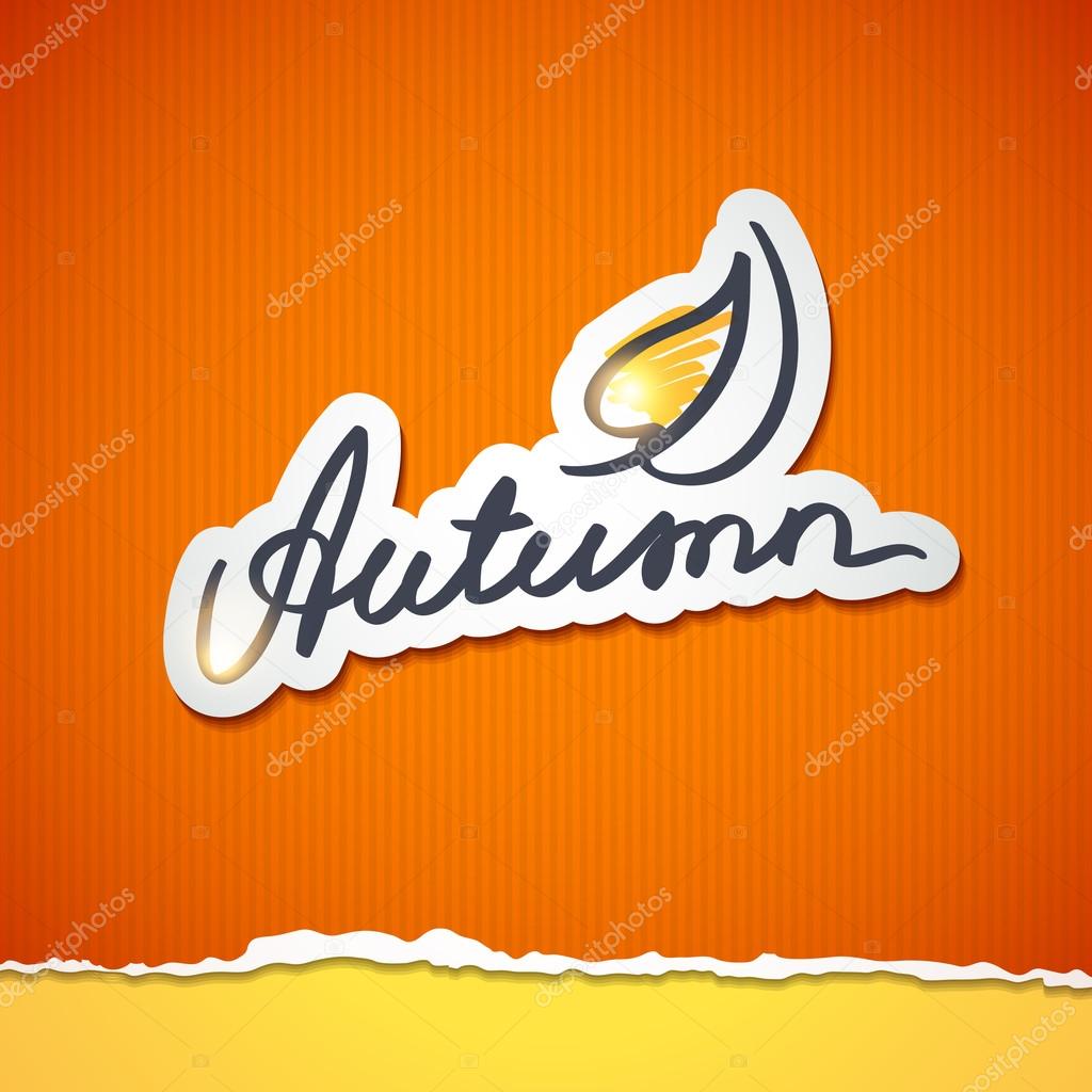 Autumn, handwritten text with stylized leaf shape on checked paper