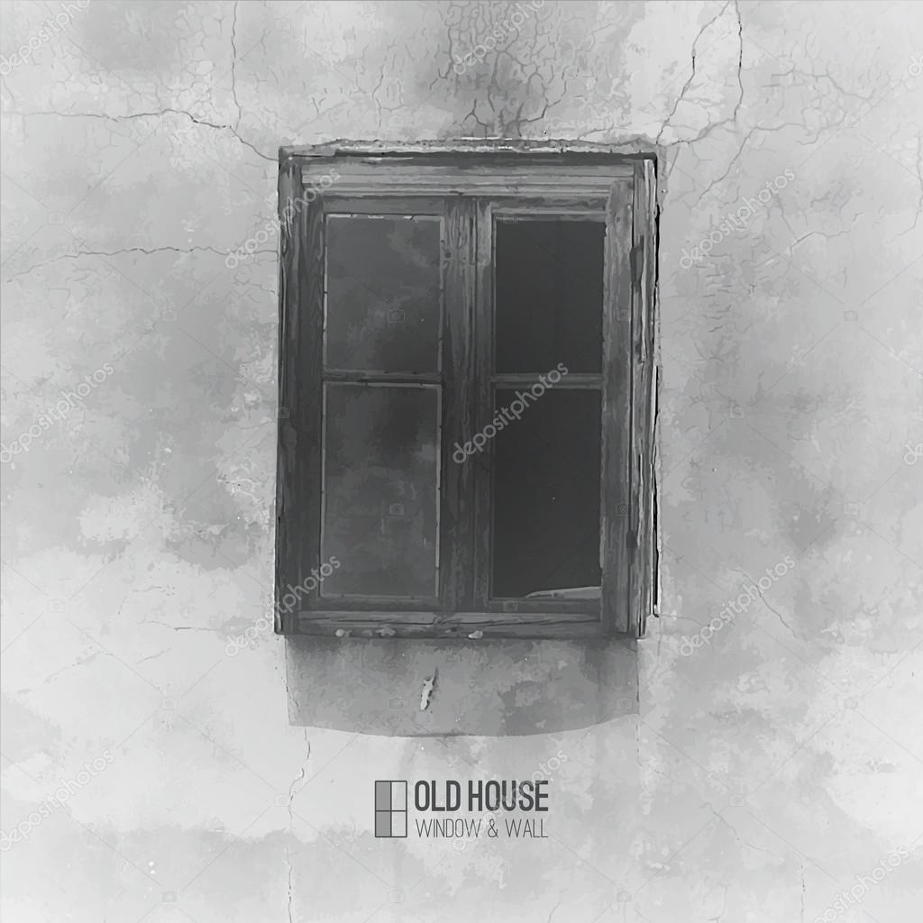 Vector background of old house, grunge window and wall in grayscale