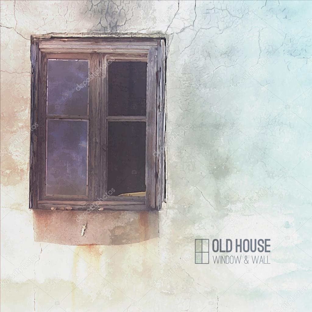 Vector background of old house, grunge window and wall