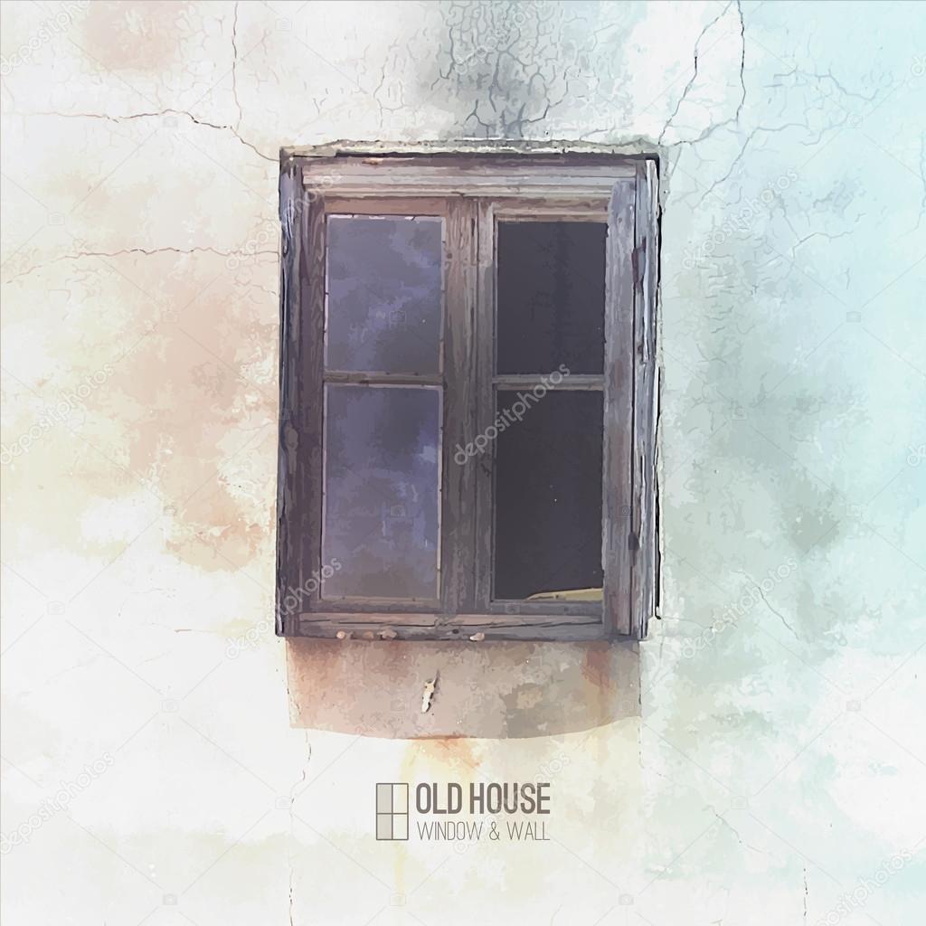 Vector background of old house, grunge window and wall