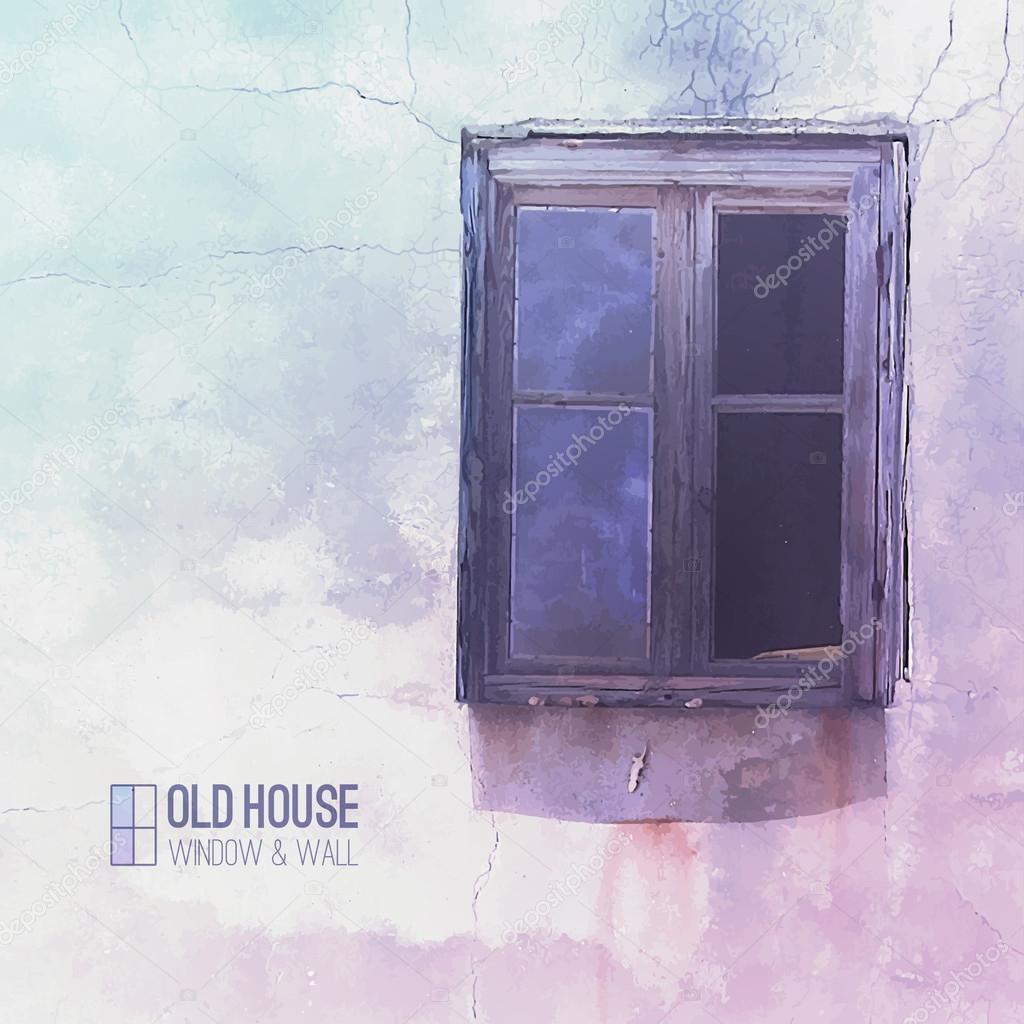 Vector background of old house, grunge window and wall