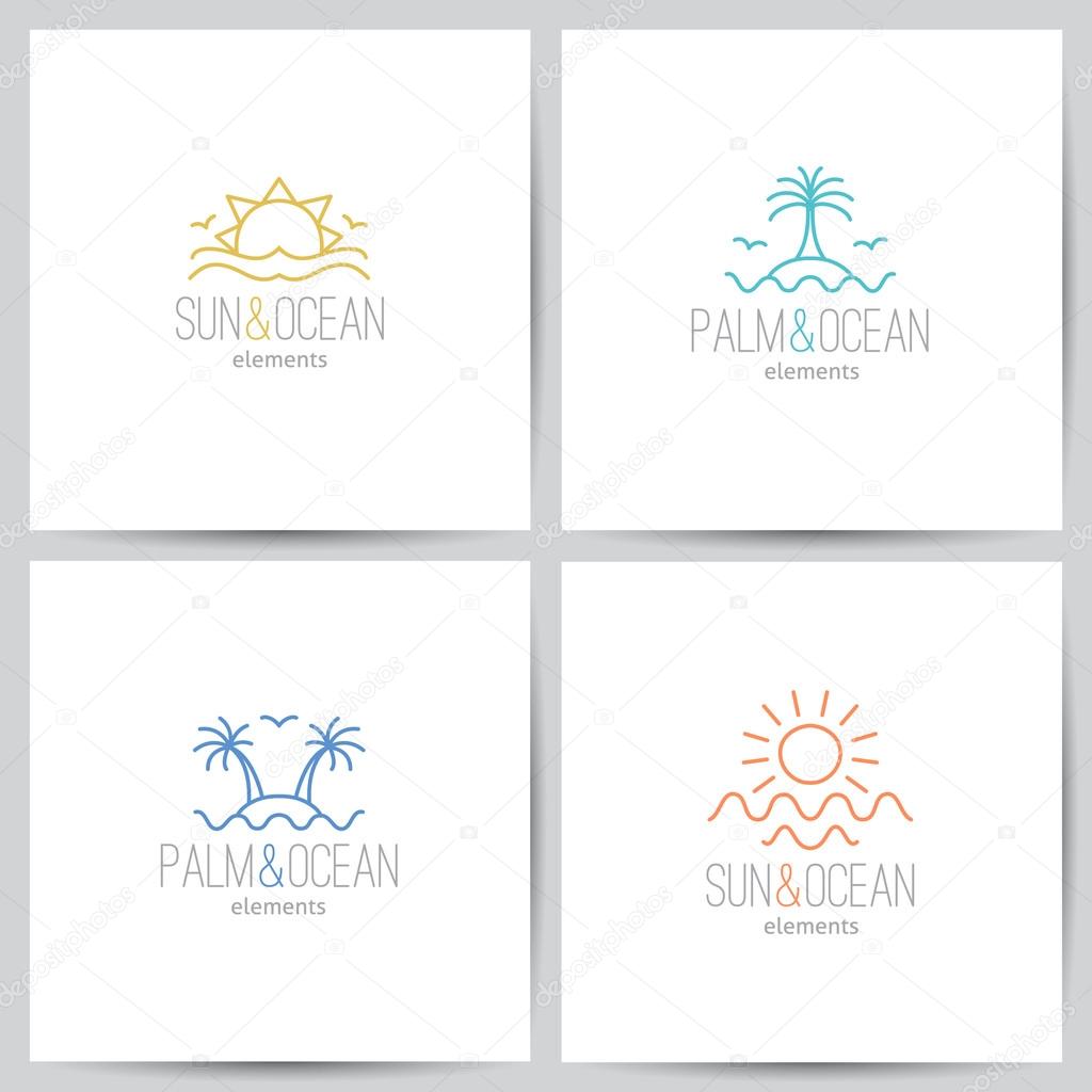 Set of summer logo with sun, palm and sea