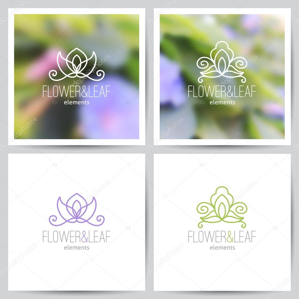 Vector flower logo set on blurred backgrounds of lotus and on white