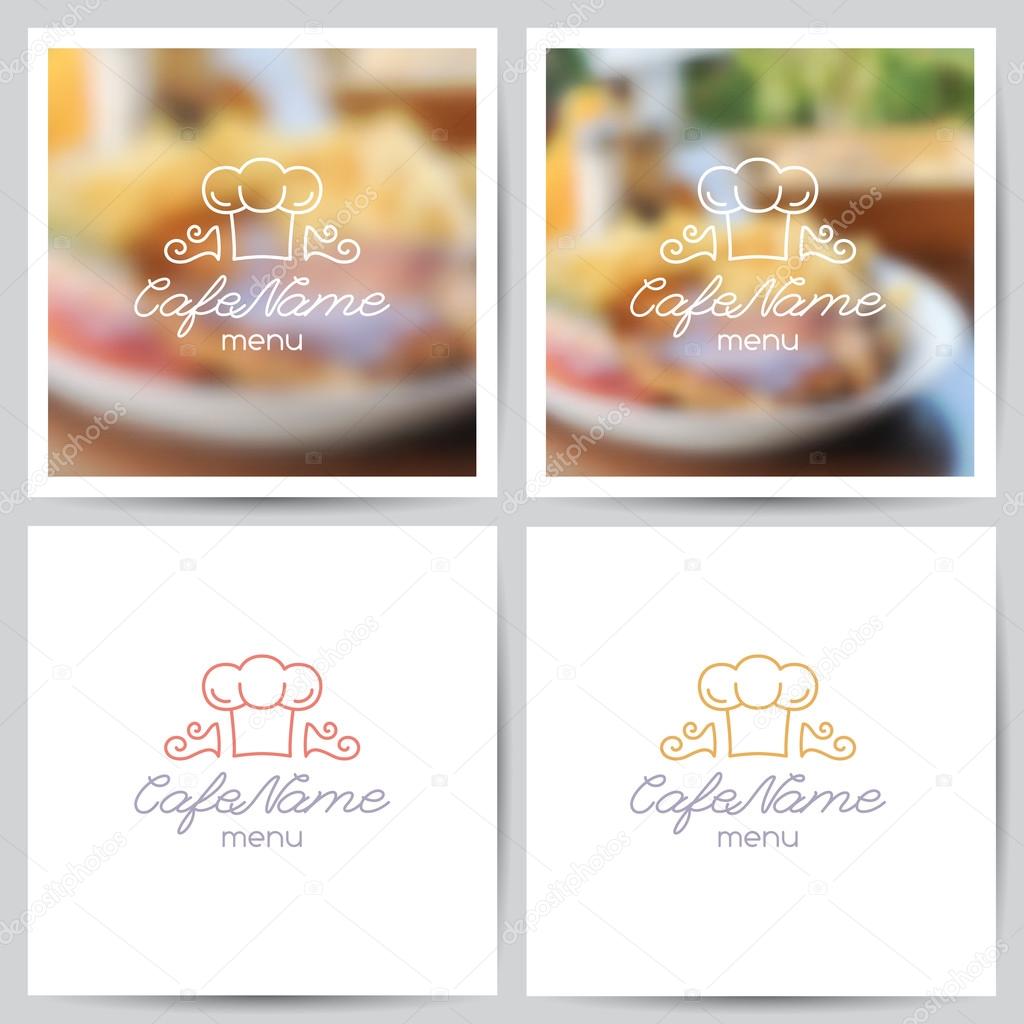 Vector set of menu cover templates, logo for cafe or restaurant and blurred backgrounds of food