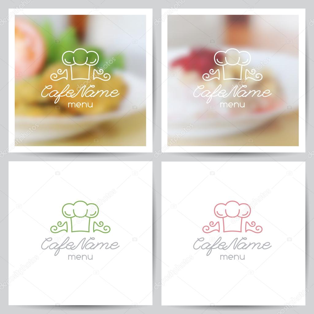 Vector set of menu cover templates, logo for cafe or restaurant and blurred backgrounds of food