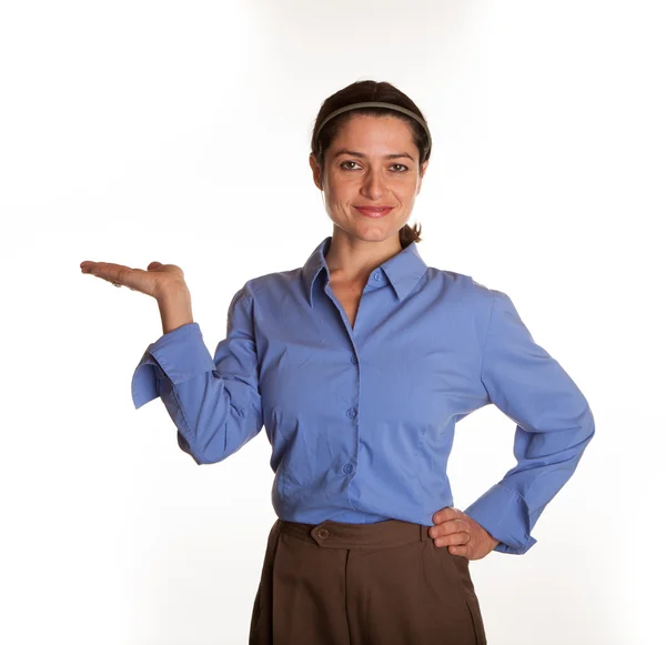 Female Spokesperson with upturned palm — Stock Photo, Image