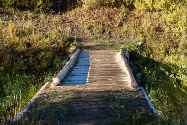 A bridge with a path leading to it. The path is made of wood and is surrounded by grass