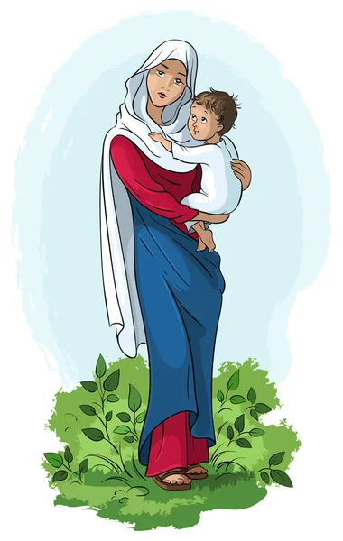 Virgen María sosteniendo al niño Jesús — Vector de stock