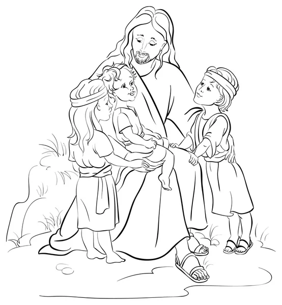 Jesús y los niños delineados — Vector de stock