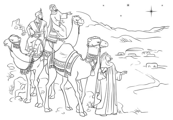 Three wise men following the star of Bethlehem outlined Vector Graphics