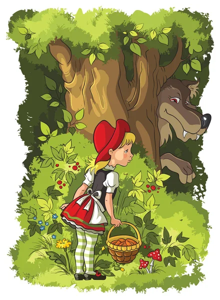 Pequeña capucha roja y lobo en el bosque — Vector de stock