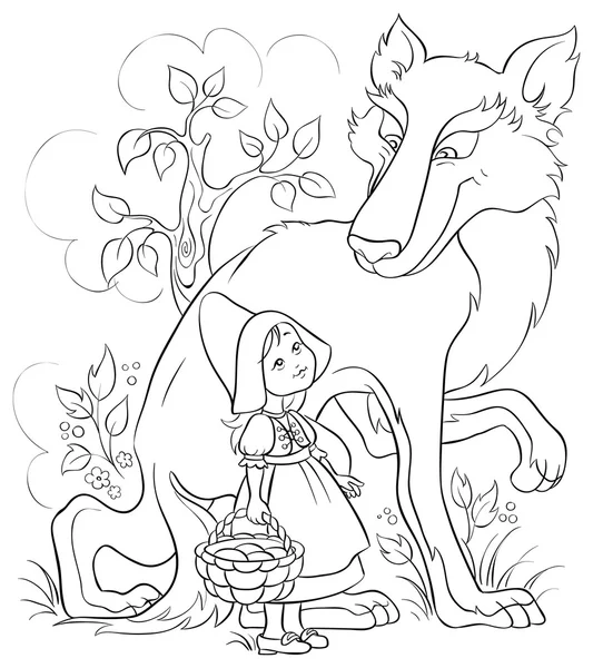Little Red Riding Hood en Wolf in het forest. Kleuren pagina. Ook beschikbaar gekleurde versie — Stockvector