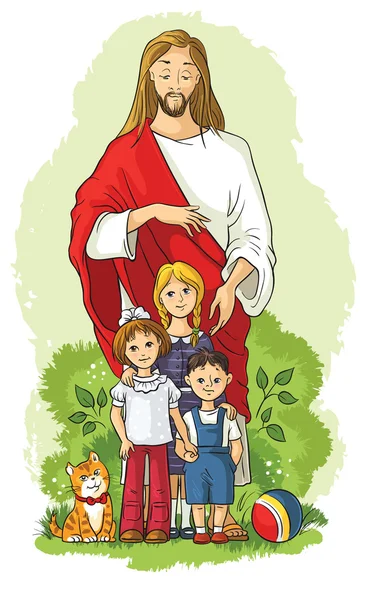 Jesus mit Kindern. auch in skizzierter Version verfügbar — Stockvektor