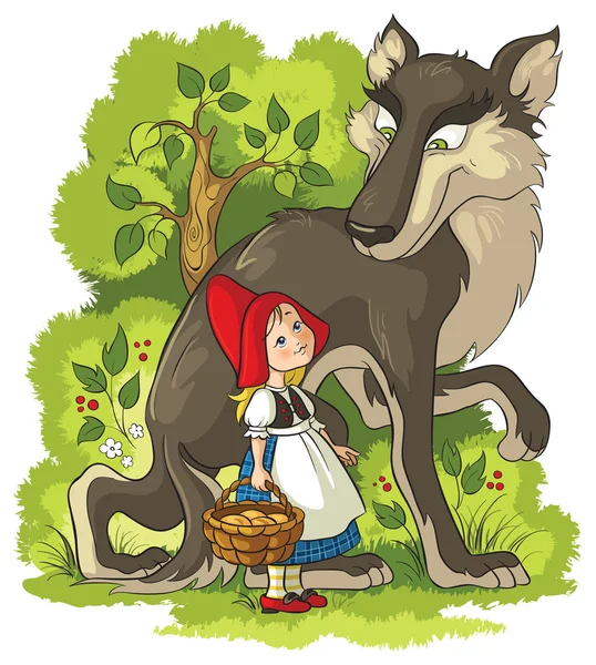 Красная Шапочка и Волк в лесу. Также доступна версия в обтекаемом виде — стоковый вектор
