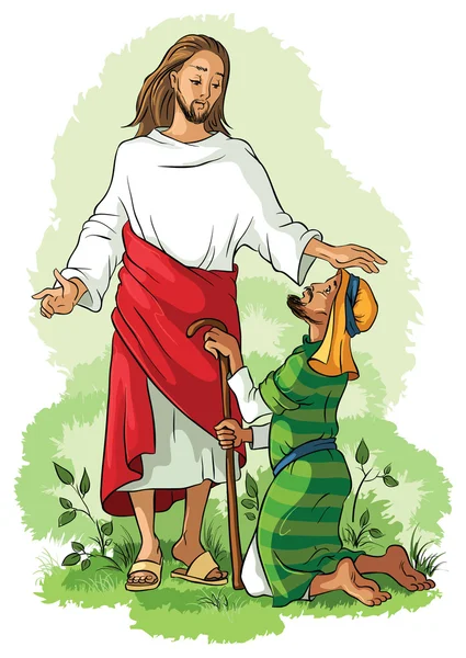 걷 지 못하는 사람을 치유 하는 예수님. 또한 사용 가능한 개요 버전 스톡 일러스트레이션