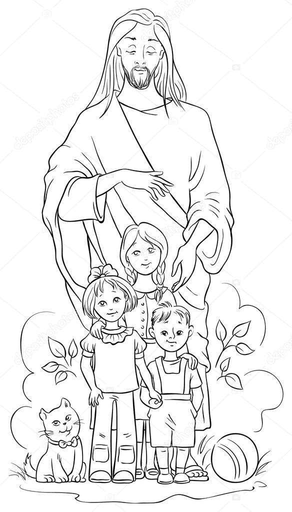 Jesus With Children Colouring Page Also Available Colored Version Stock Vector Image By C Aura 64328749