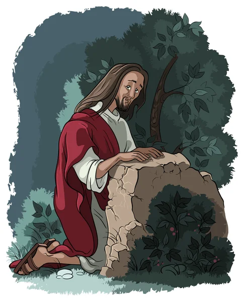 Agony in de tuin. Jezus in Gethsemane scène. Nacht vóór de kruisiging — Stockvector