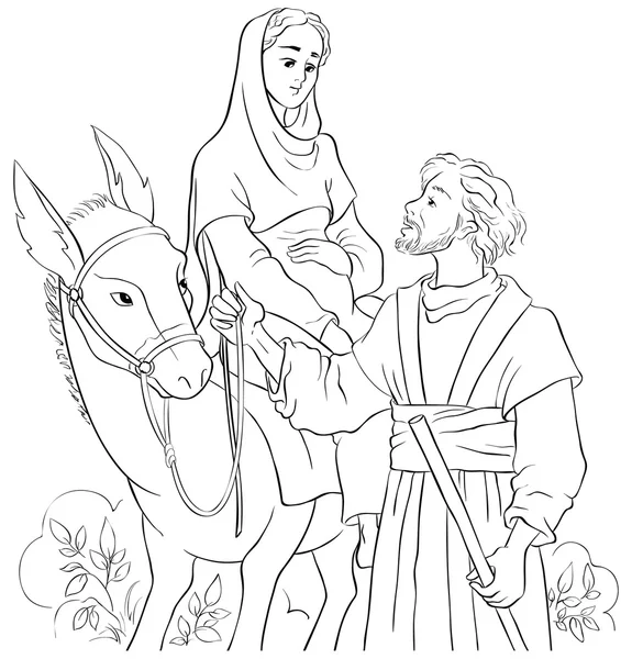 Mary and Joseph travelling by donkey to Bethlehem. Nativity story. Outlined — Stock Vector