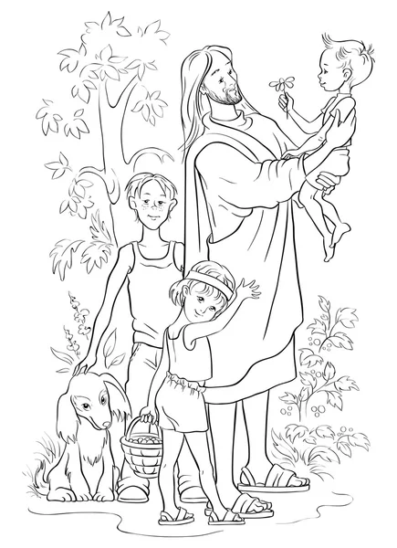Иисус с детьми очерчены — стоковый вектор