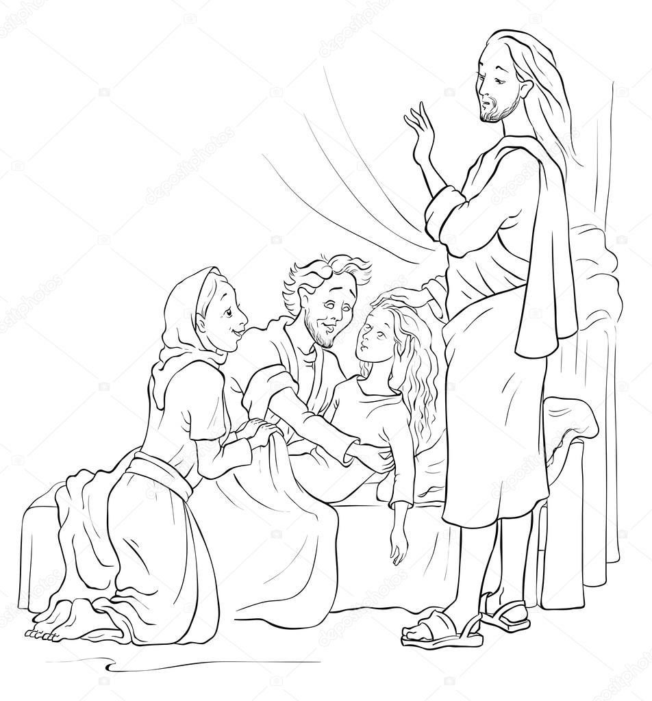 Miracles of Jesus. Raising of Jairus daughter. Outlined — Stock Vector